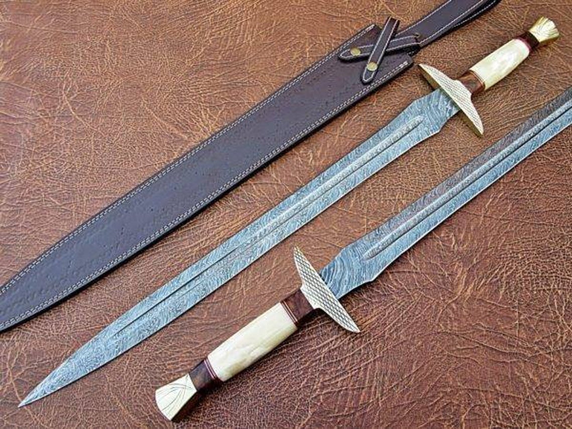 Custom Handmade Damascus Long Full Tang Camel Bone Viking Sword Leather Cover. 